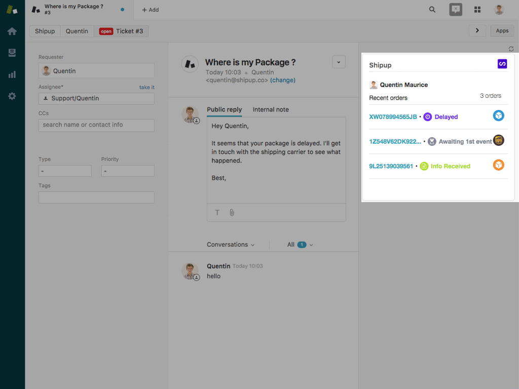 Interface de rastreamento de pedidos do aplicativo Shipup integrada em um ticket de suporte do Zendesk.